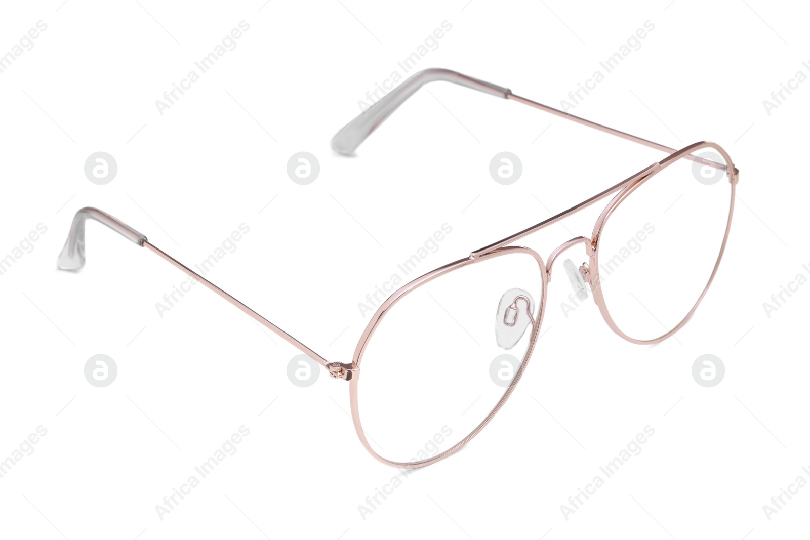 Photo of Stylish glasses with metal frame isolated on white