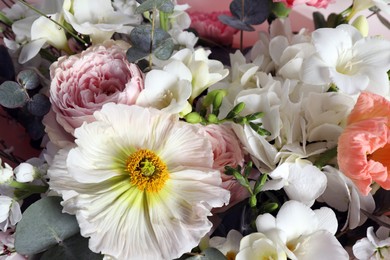 Photo of Bouquet of beautiful flowers as background, closeup