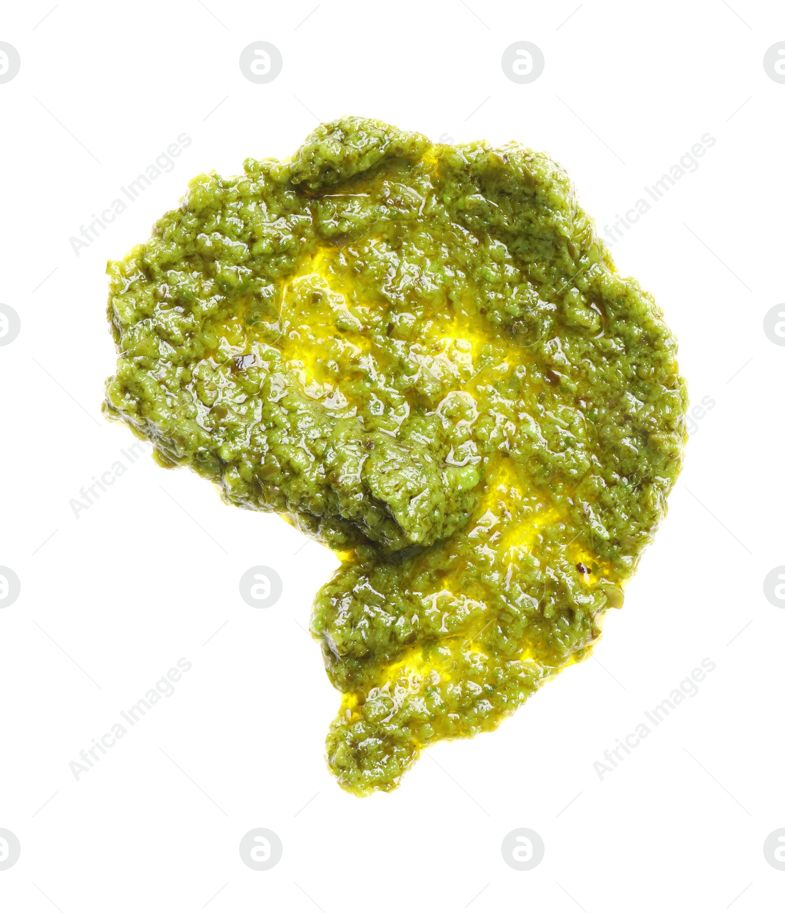 Photo of Sample of tasty pesto sauce isolated on white, top view