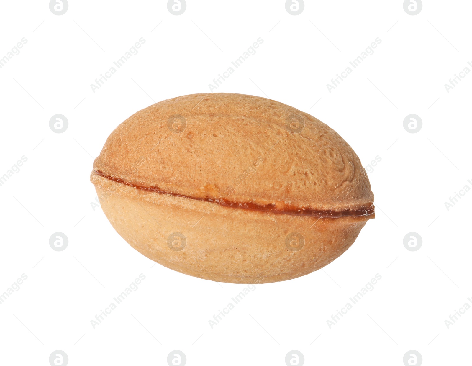 Photo of Delicious nut shaped cookie with boiled condensed milk isolated on white