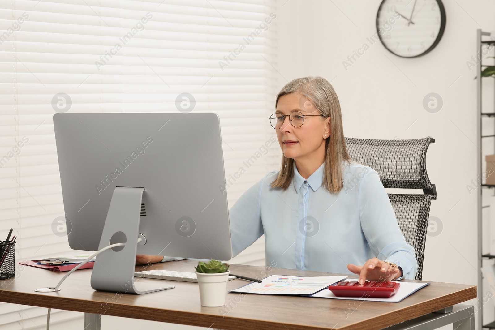 Photo of Senior accountant working at wooden desk in office