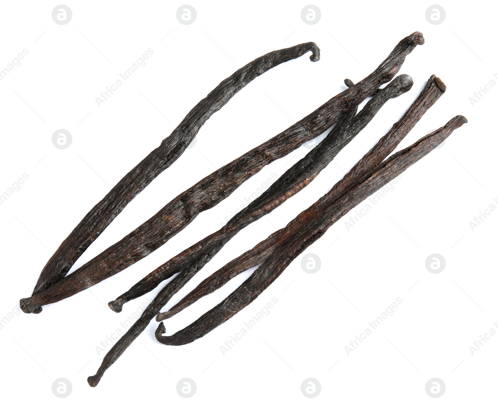 Photo of Dried aromatic vanilla sticks on white background, top view