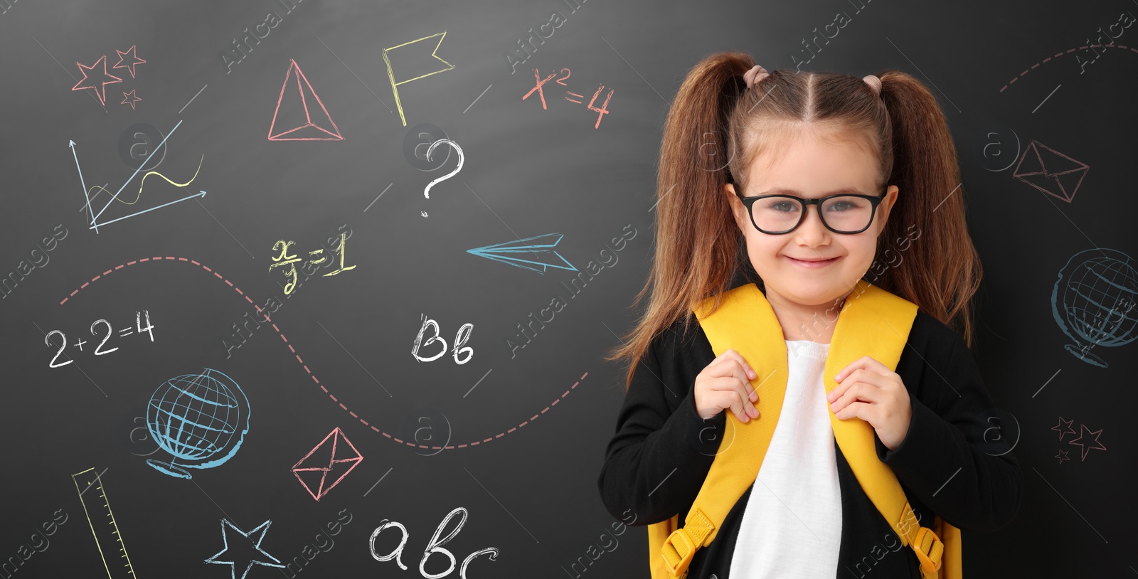 Image of School girl near blackboard with chalk drawings and inscriptions, banner design