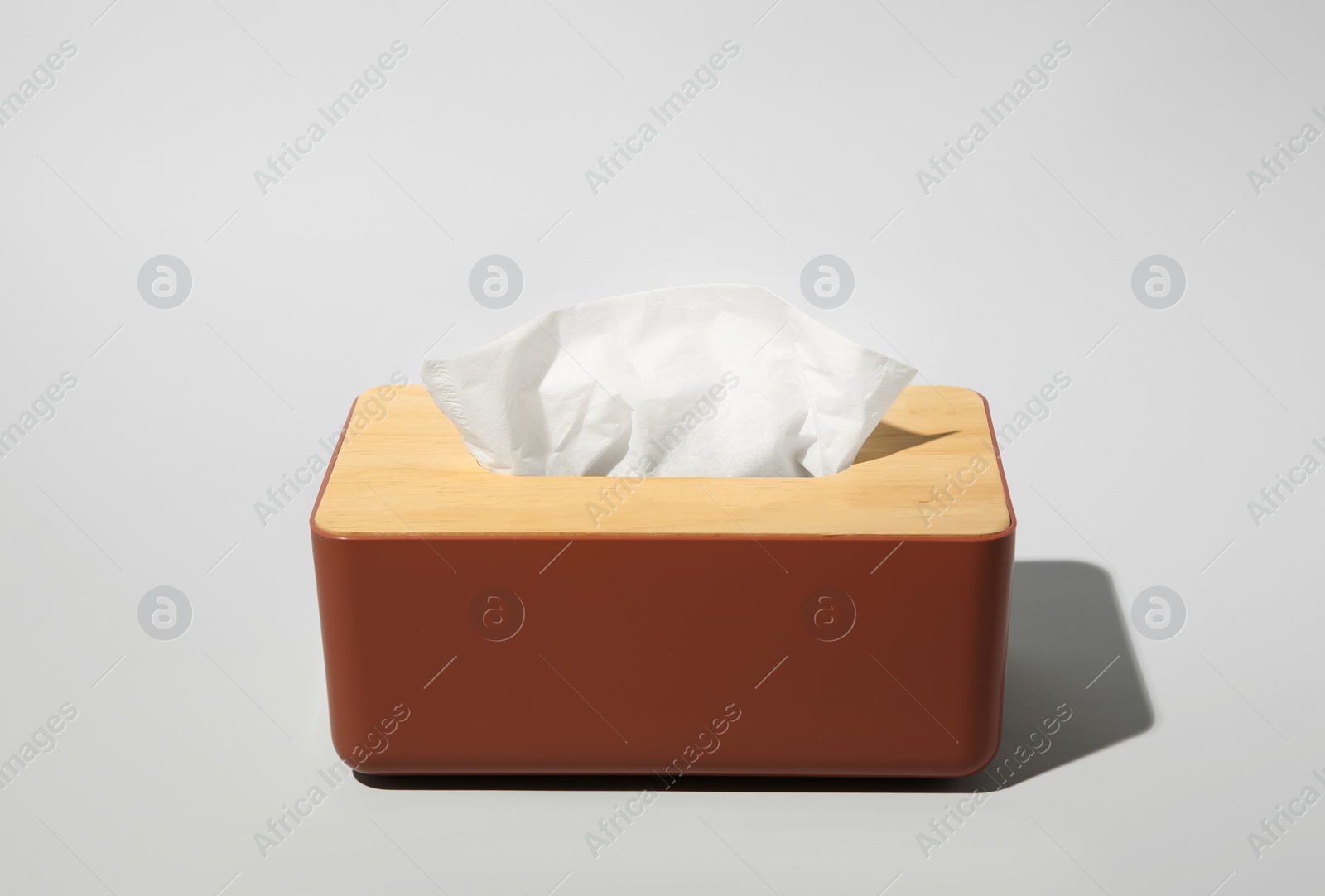 Photo of Holder with paper tissues on light grey background