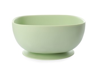 Photo of Plastic bowl on white background. Serving baby food