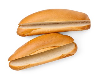 Photo of Two fresh hot dog buns isolated on white, top view