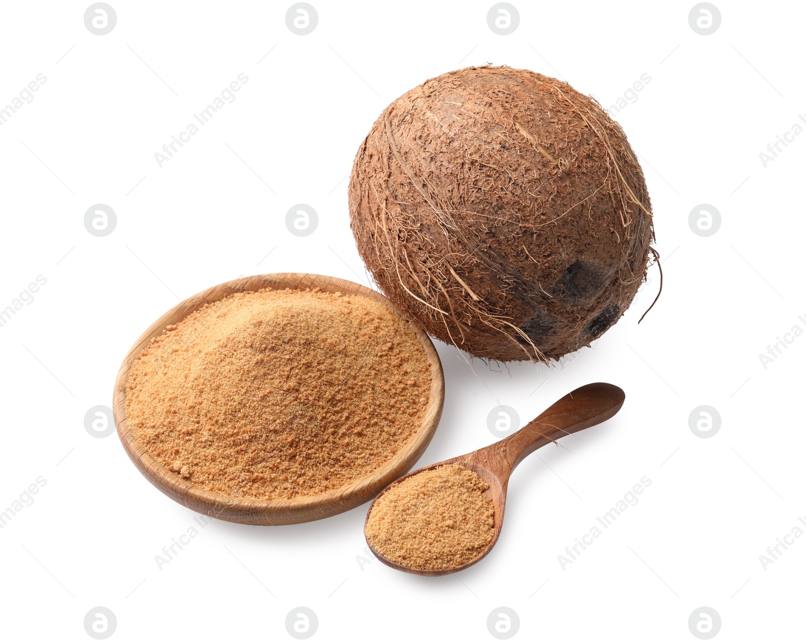 Photo of Coconut sugar in bowl, spoon and fruit isolated on white