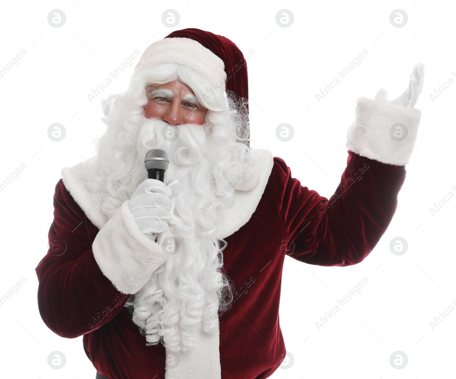 Photo of Santa Claus singing with microphone on white background. Christmas music