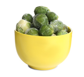 Photo of Frozen Brussels sprouts in bowl isolated on white. Vegetable preservation