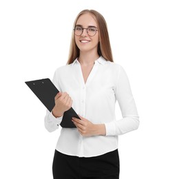 Happy young secretary with clipboard on white background