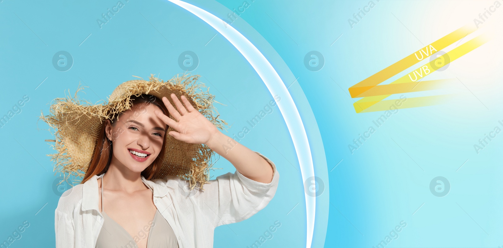 Image of Sun protection product (sunscreen) as barrier against UVA and UVB, banner design. Beautiful young woman in straw hat shading herself with hand on light blue background