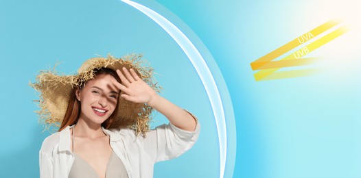 Sun protection product (sunscreen) as barrier against UVA and UVB, banner design. Beautiful young woman in straw hat shading herself with hand on light blue background