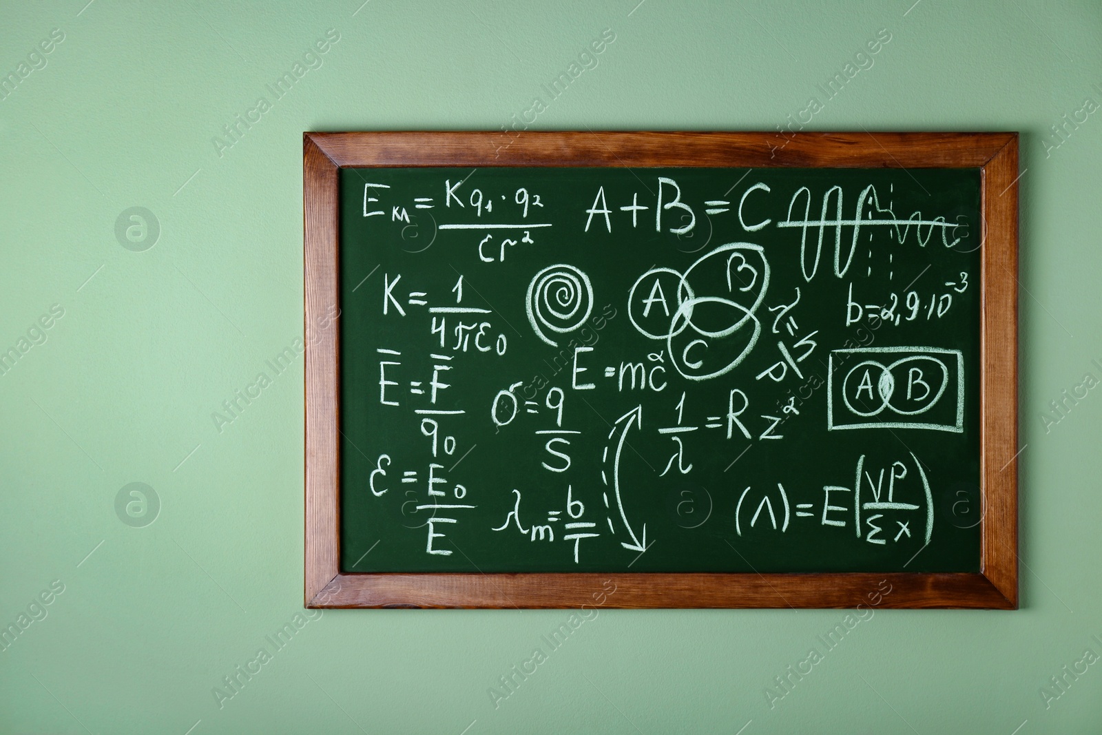 Photo of Blackboard with different physical formulas written with chalk on light green wall