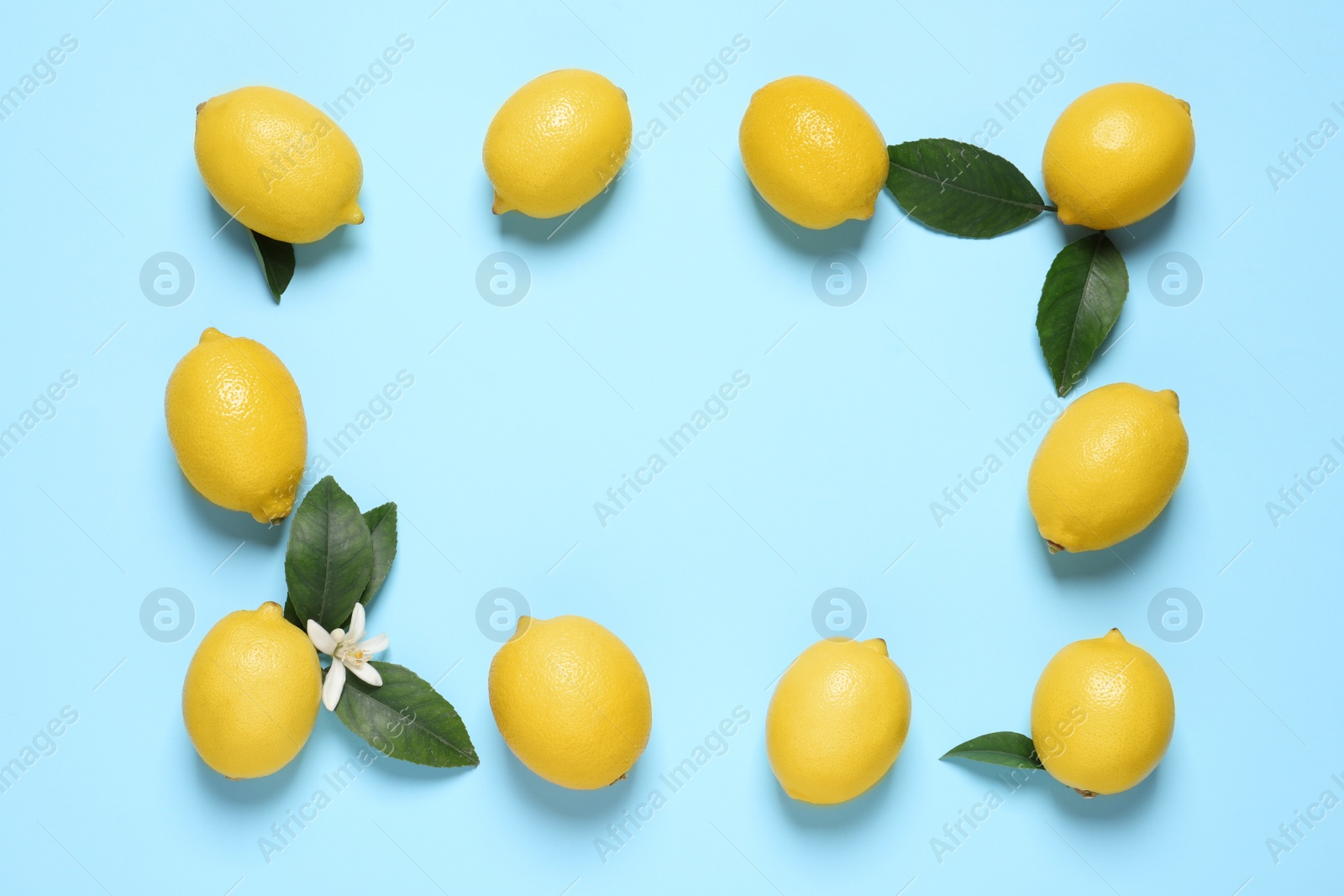 Photo of Frame of fresh ripe lemons on light blue background, flat lay. Space for text