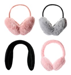 Image of Stylish warm earmuffs on white background, collage