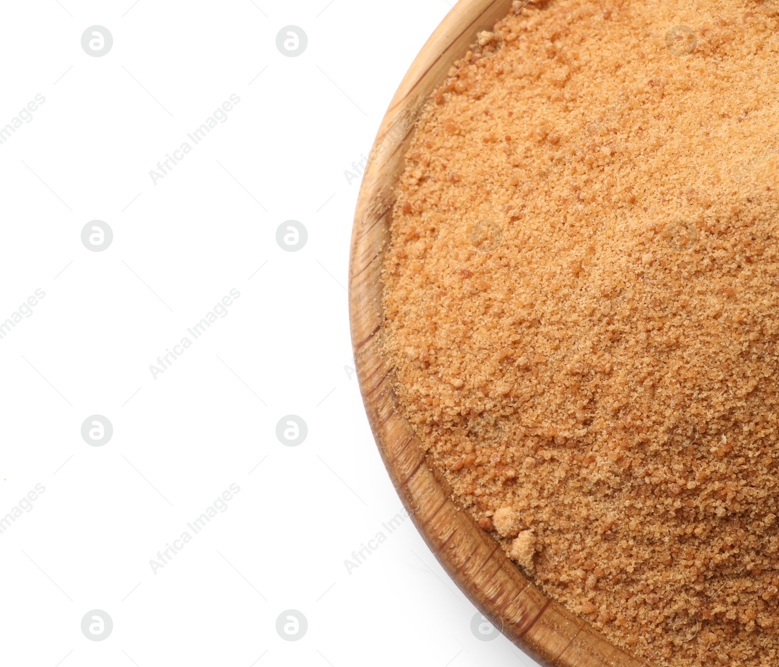 Photo of Coconut sugar in bowl isolated on white, top view