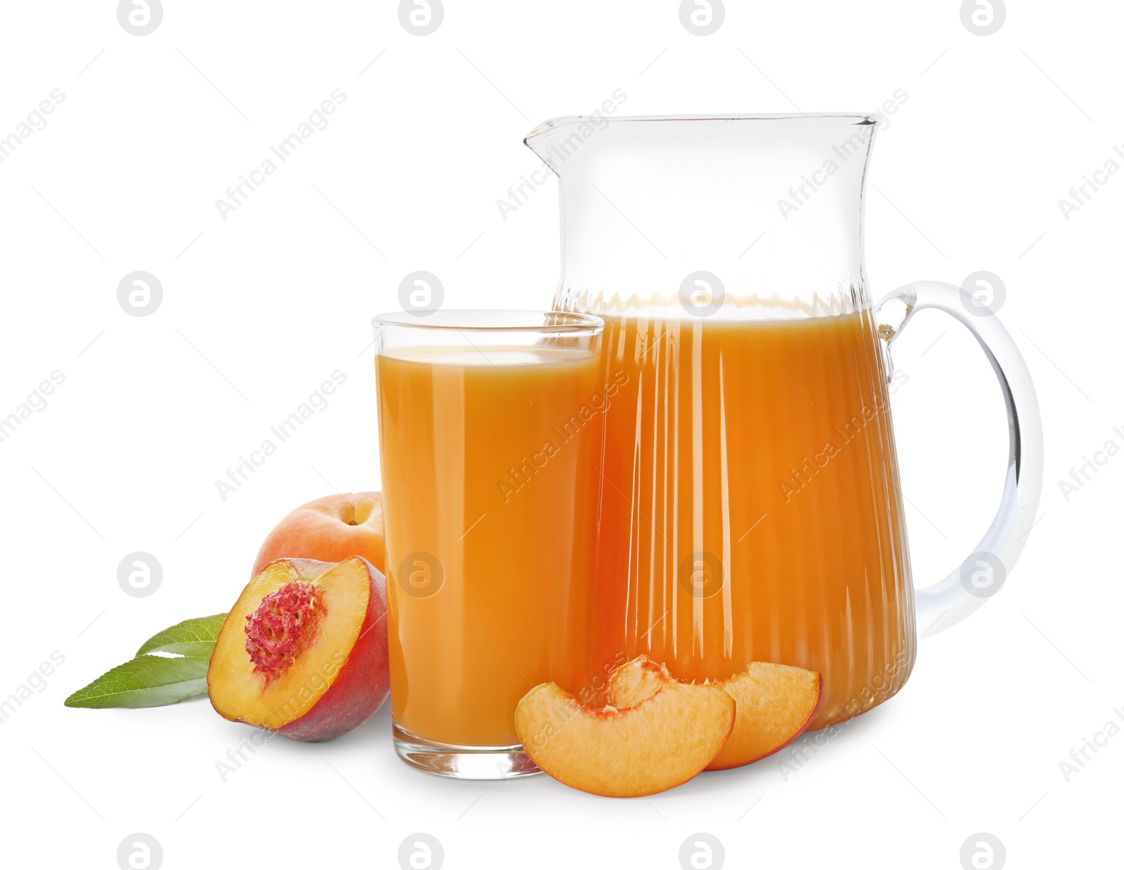 Photo of Freshly made tasty peach juice on white background