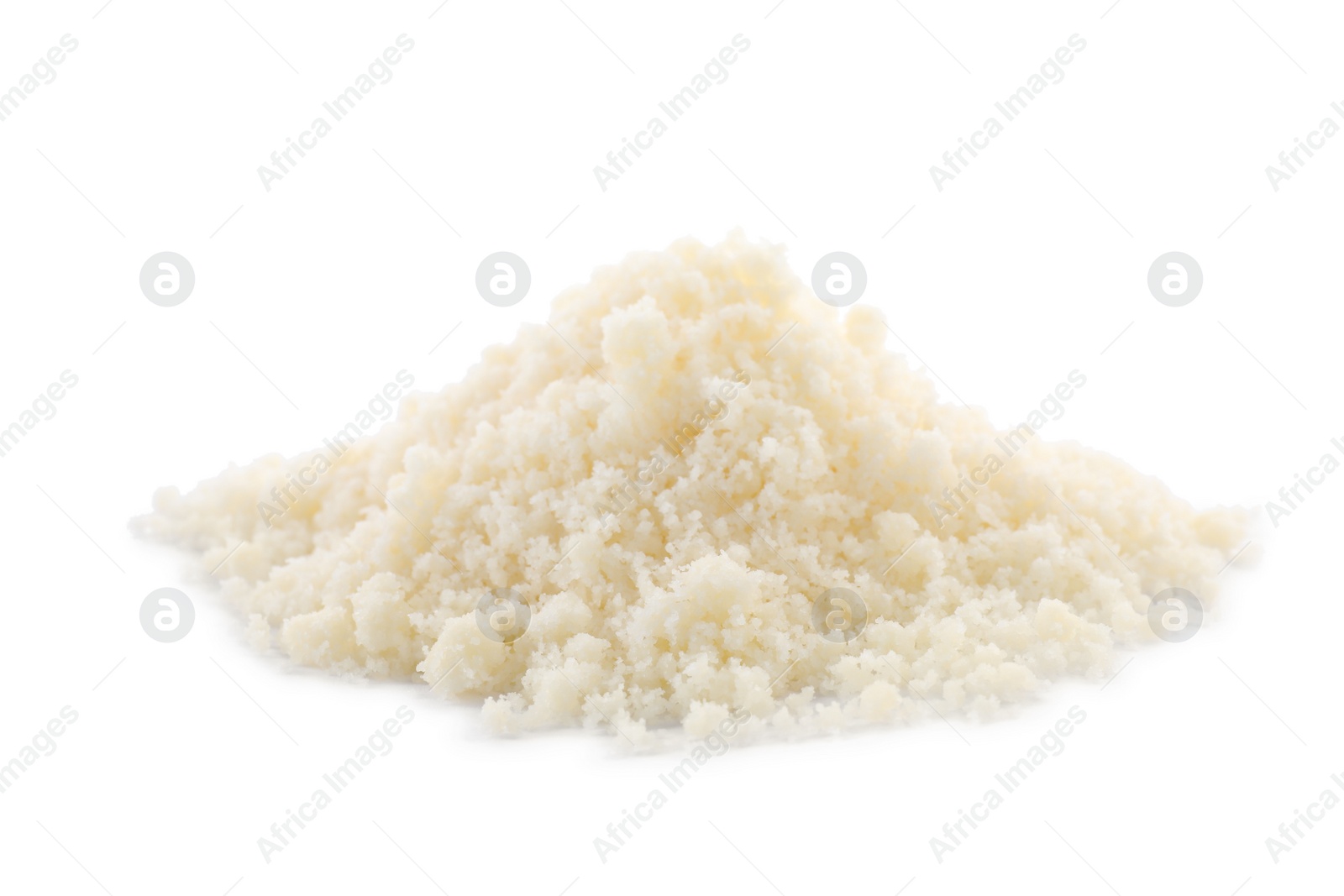 Photo of Pile of grated parmesan cheese isolated on white