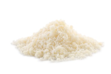 Pile of grated parmesan cheese isolated on white