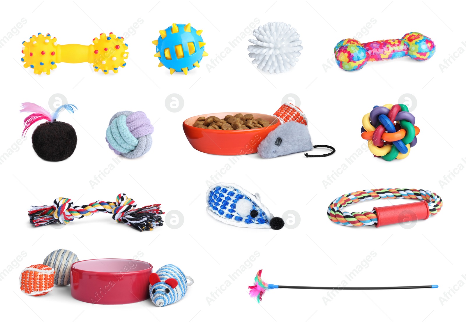 Image of Set with feeding bowls and toys for pet on white background 