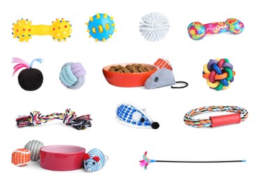 Image of Set with feeding bowls and toys for pet on white background 