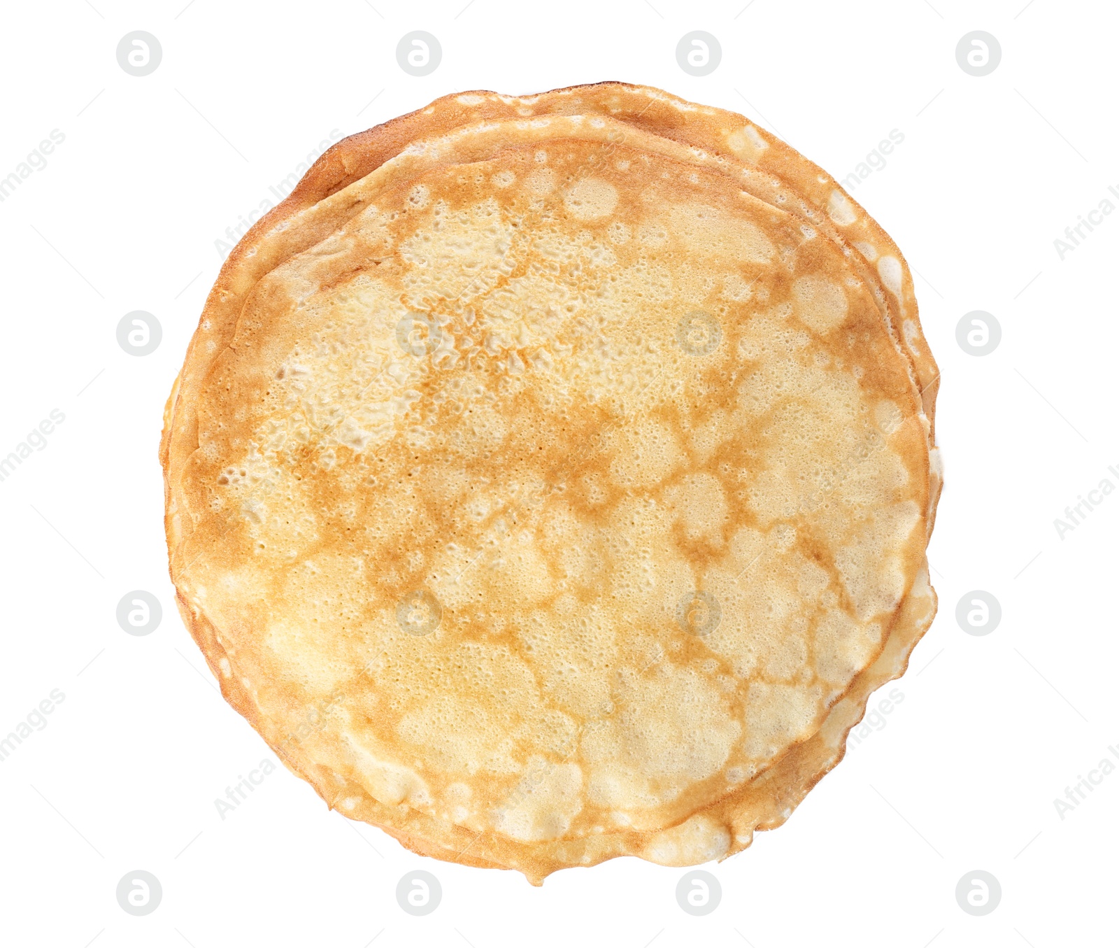 Photo of Tasty thin pancakes on white background, top view