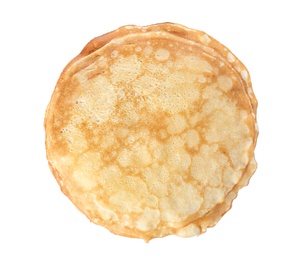 Photo of Tasty thin pancakes on white background, top view