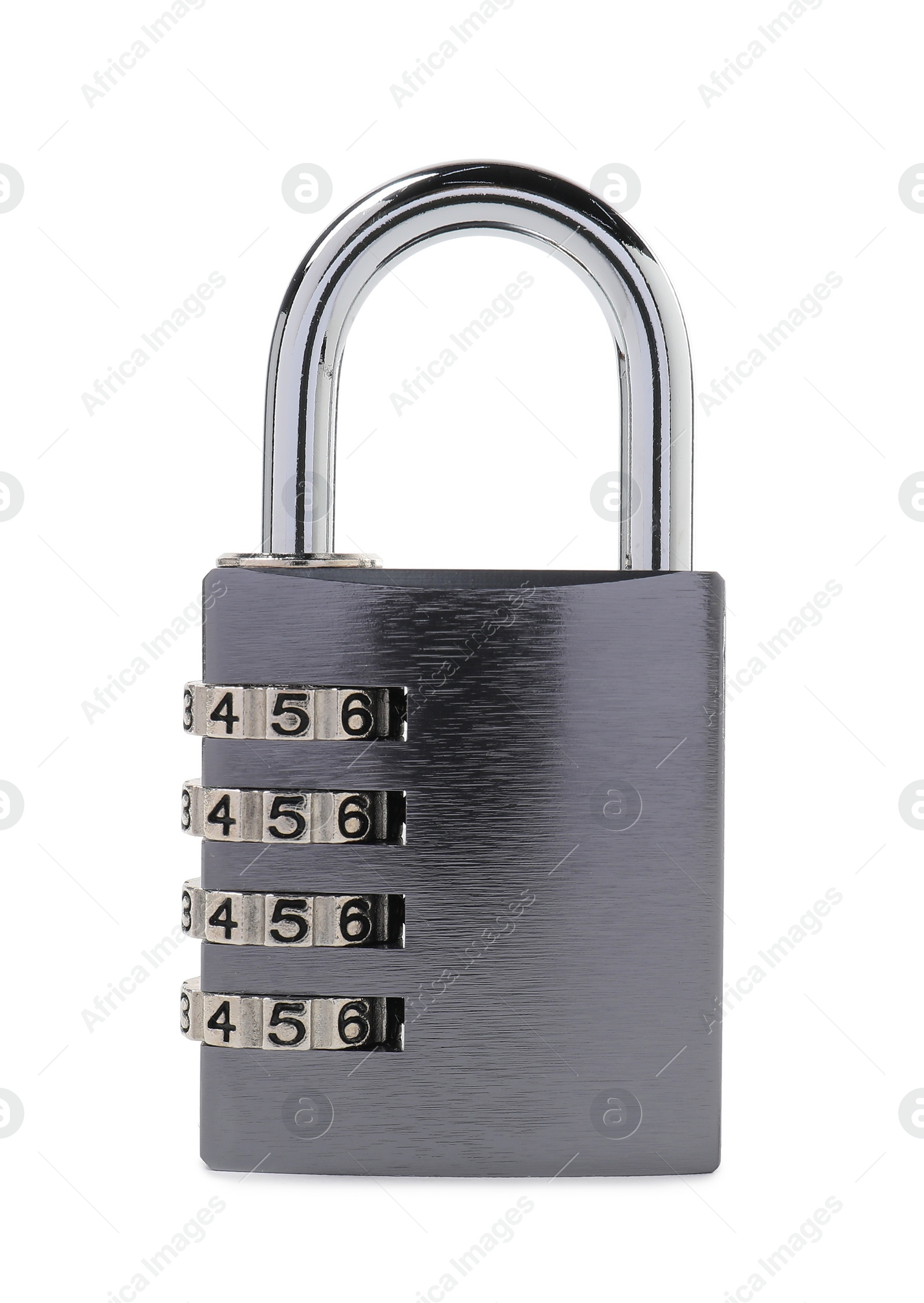 Photo of Locked steel combination padlock isolated on white