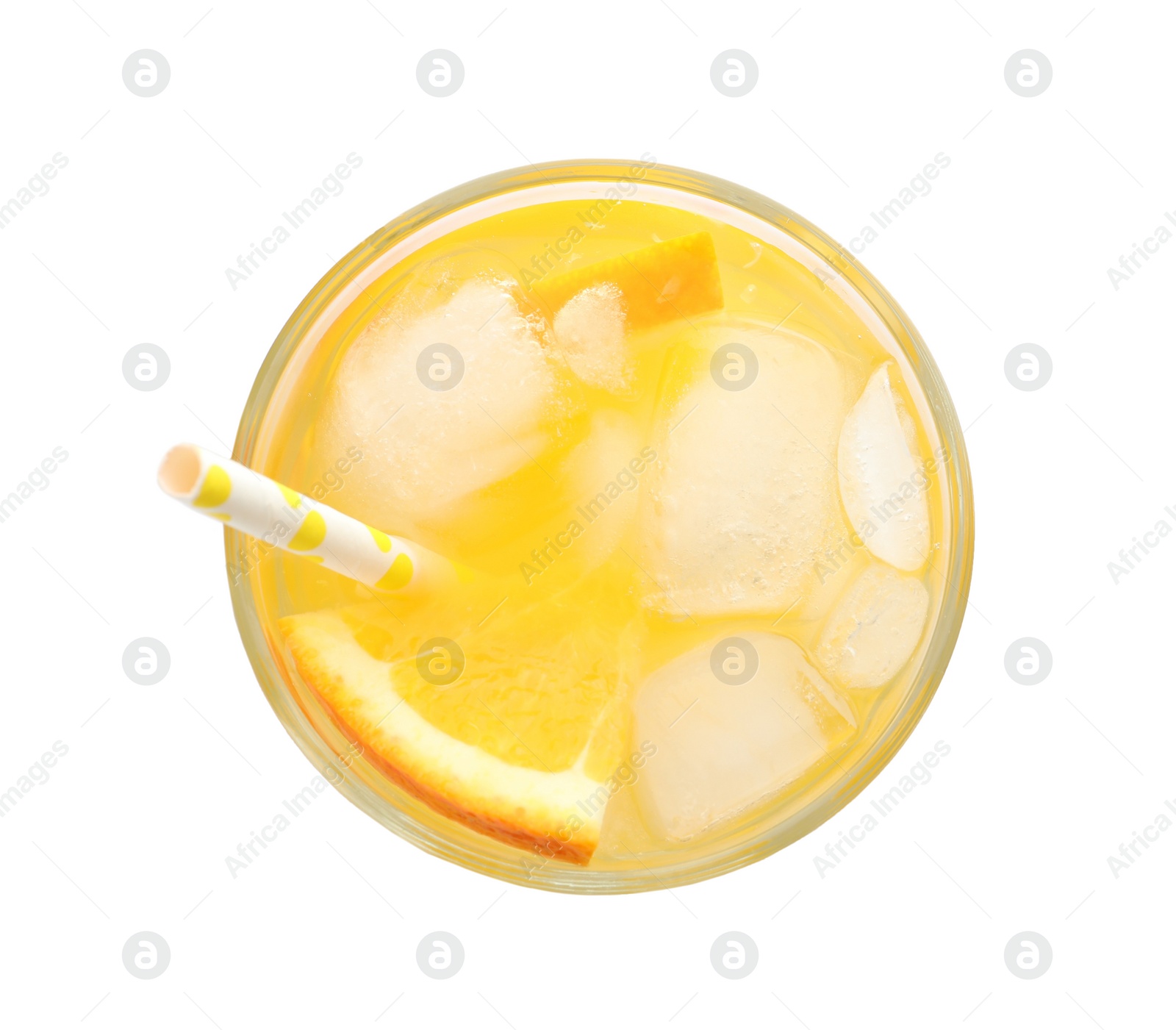 Photo of Delicious orange soda water on white background, top view