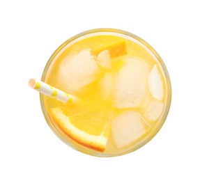 Delicious orange soda water on white background, top view