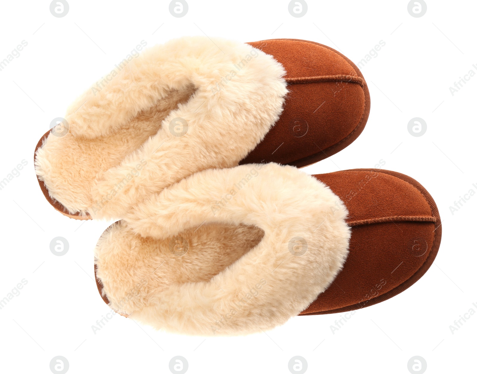 Photo of Stylish soft slippers on white background, top view