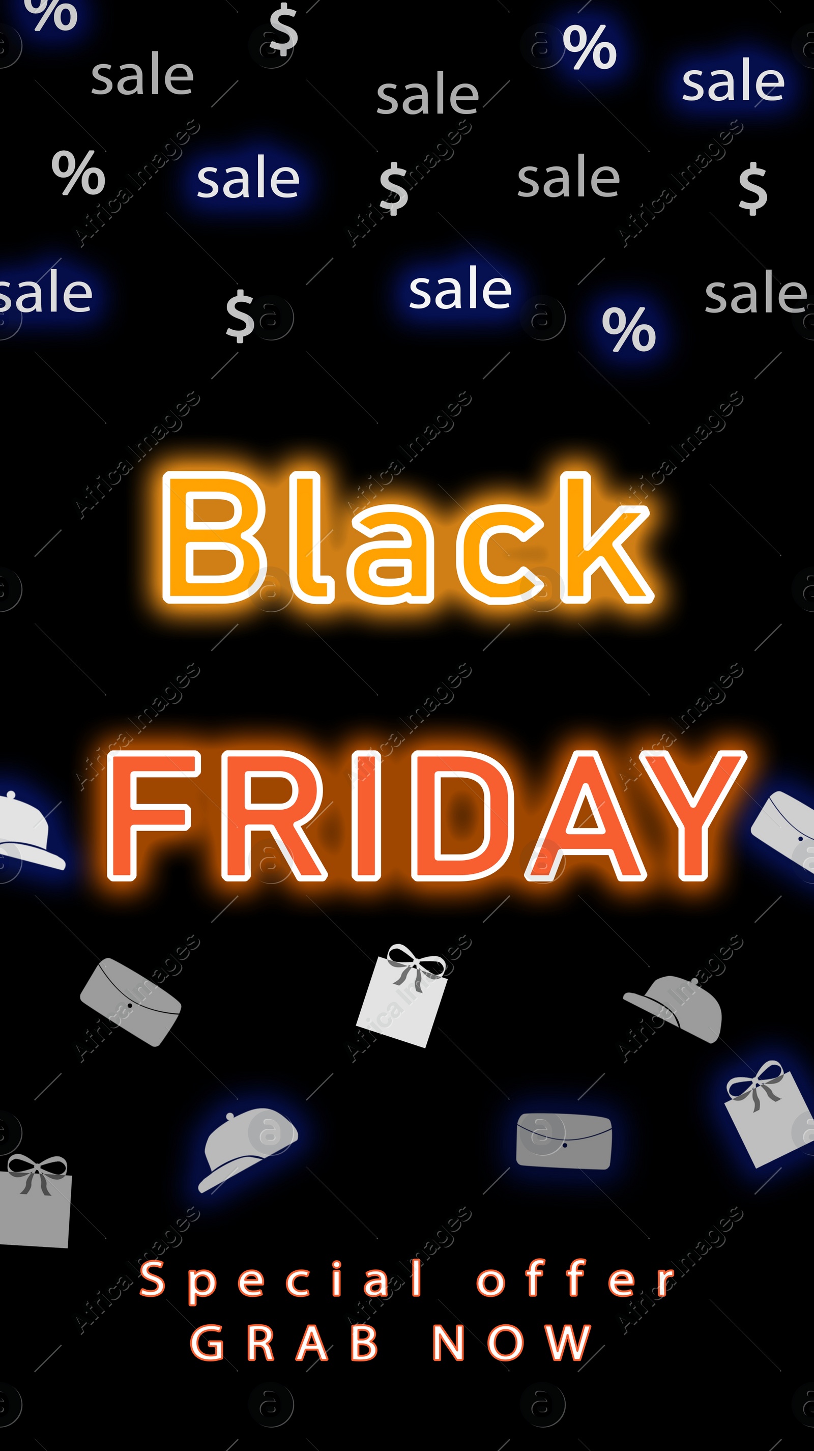 Illustration of Text BLACK FRIDAY and different shopping icons on dark background