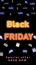 Text BLACK FRIDAY and different shopping icons on dark background