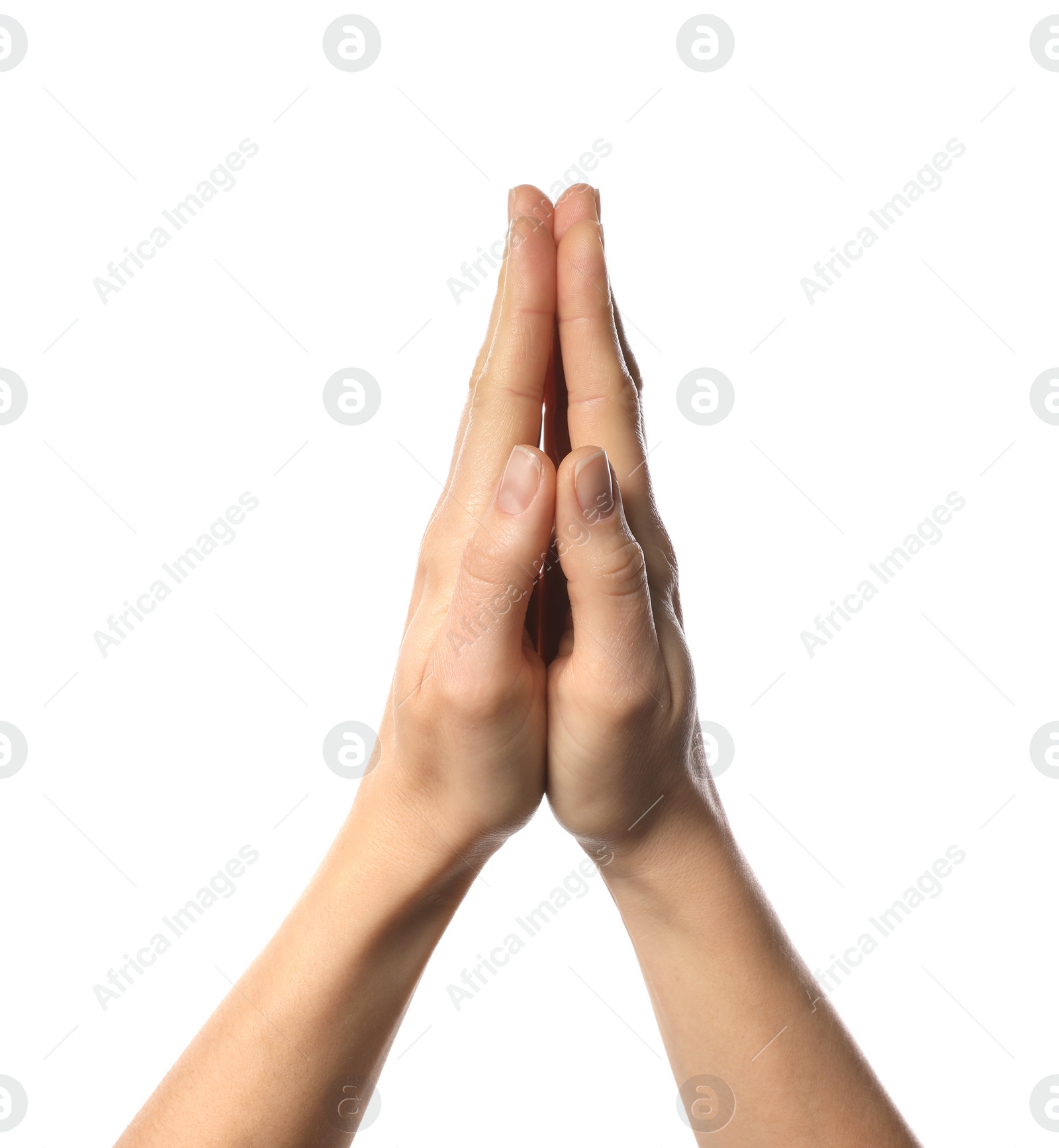 Photo of Religion. Christian woman praying on white background, closeup