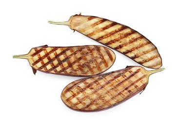 Photo of Delicious grilled eggplant halves on white background, top view