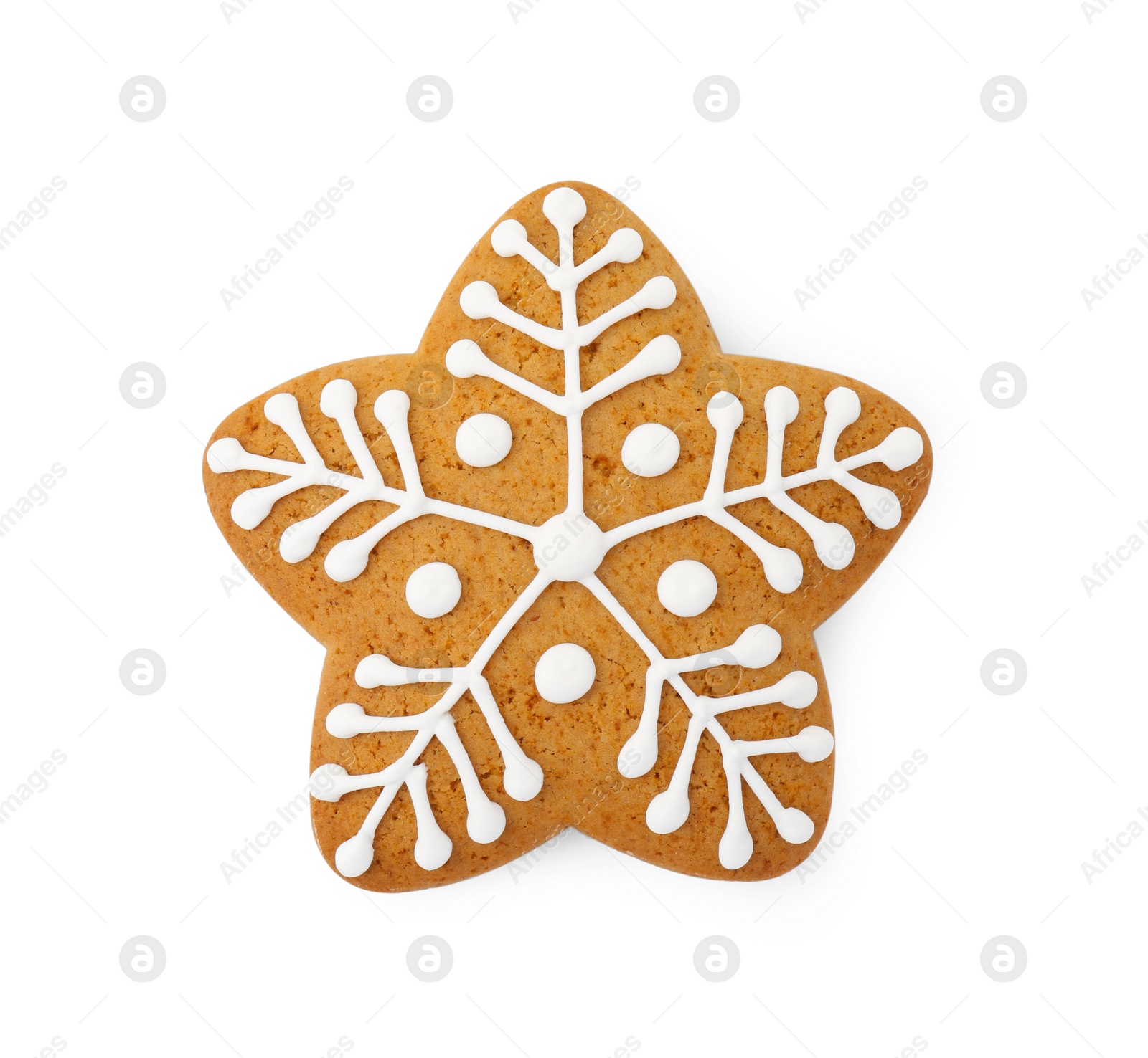 Photo of Tasty star shaped Christmas cookie with icing isolated on white, top view