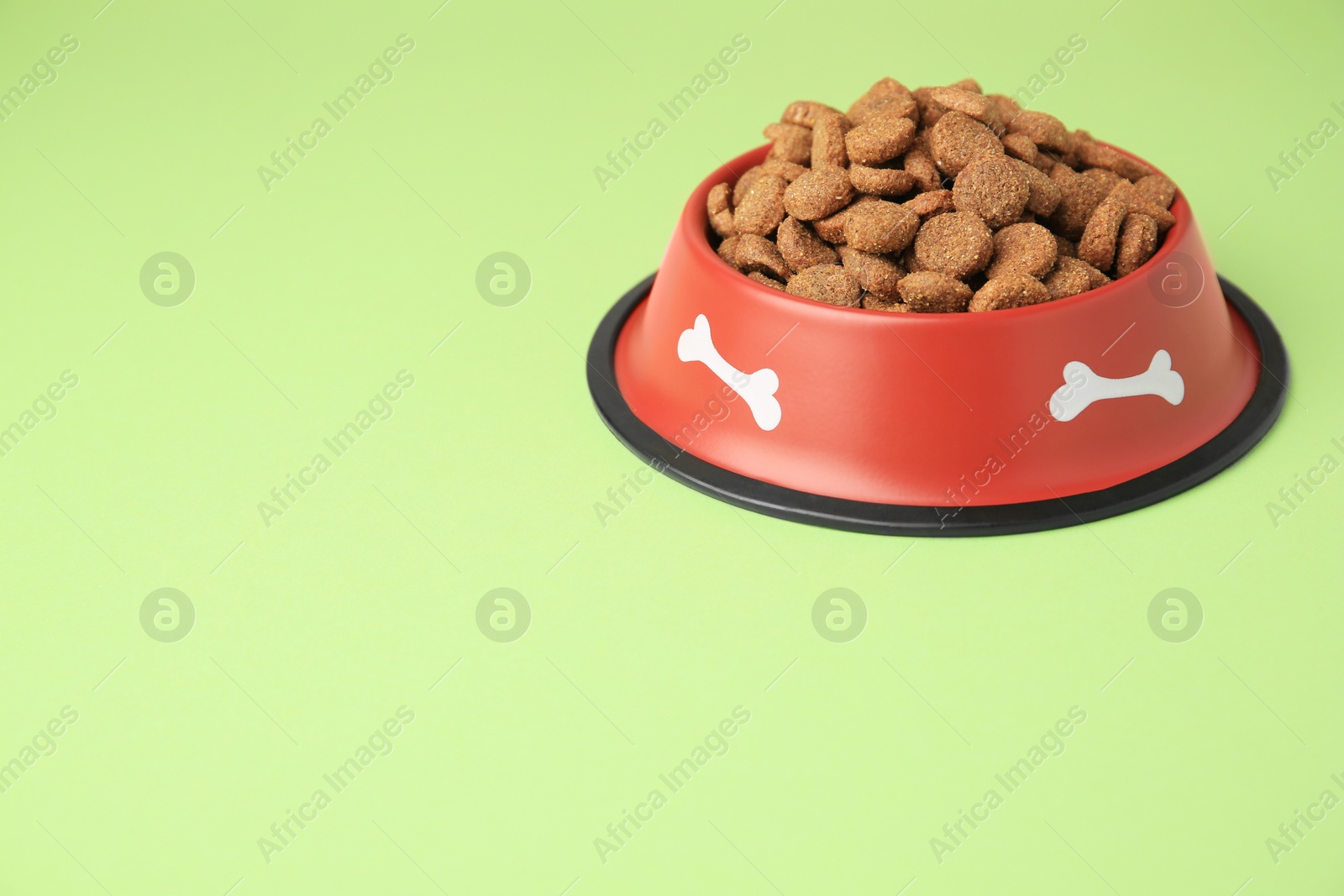 Photo of Dry dog food in feeding bowl on light green background. Space for text