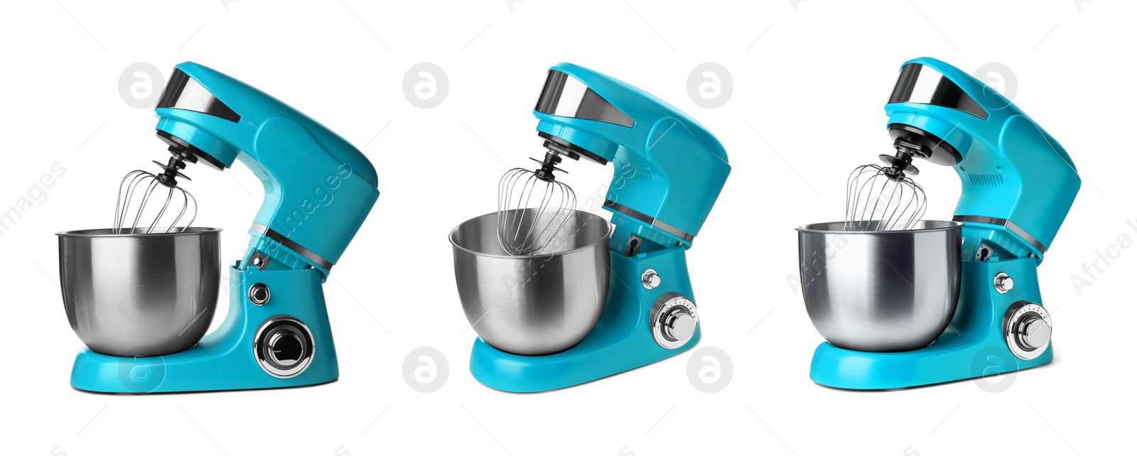 Image of Light blue stand mixers isolated on white, set