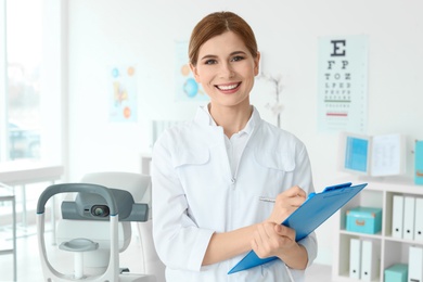 Portrait of female ophthalmologist in clinic