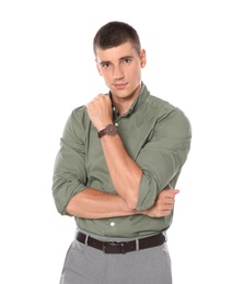 Portrait of handsome young man on white background