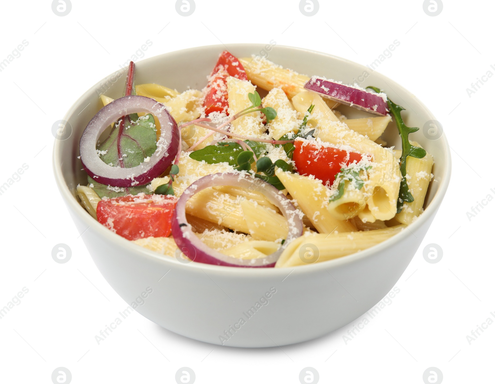 Photo of Bowl of delicious pasta with tomatoes, onion and cheese on white background