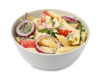 Bowl of delicious pasta with tomatoes, onion and cheese on white background