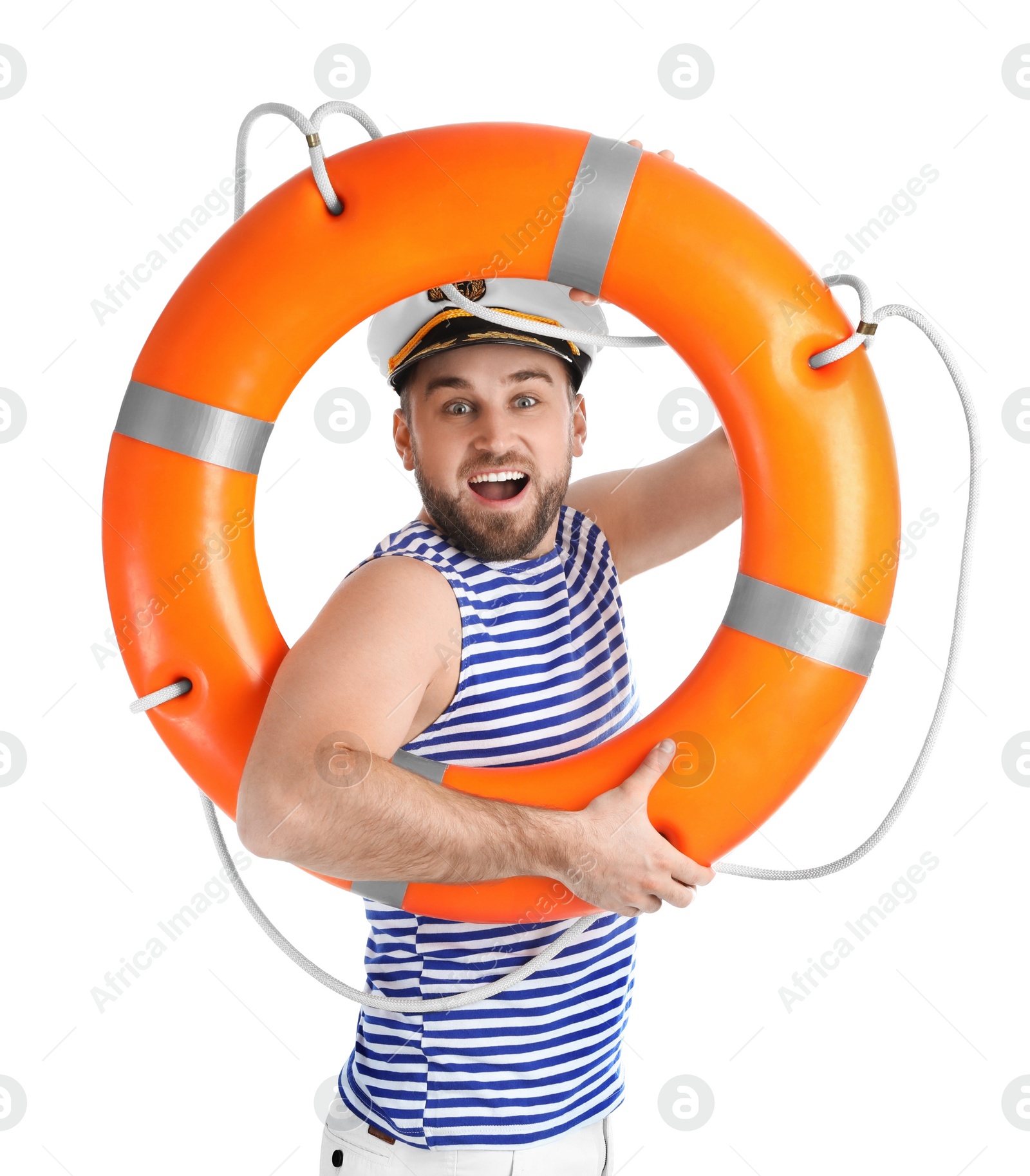 Photo of Happy sailor with ring buoy on white background