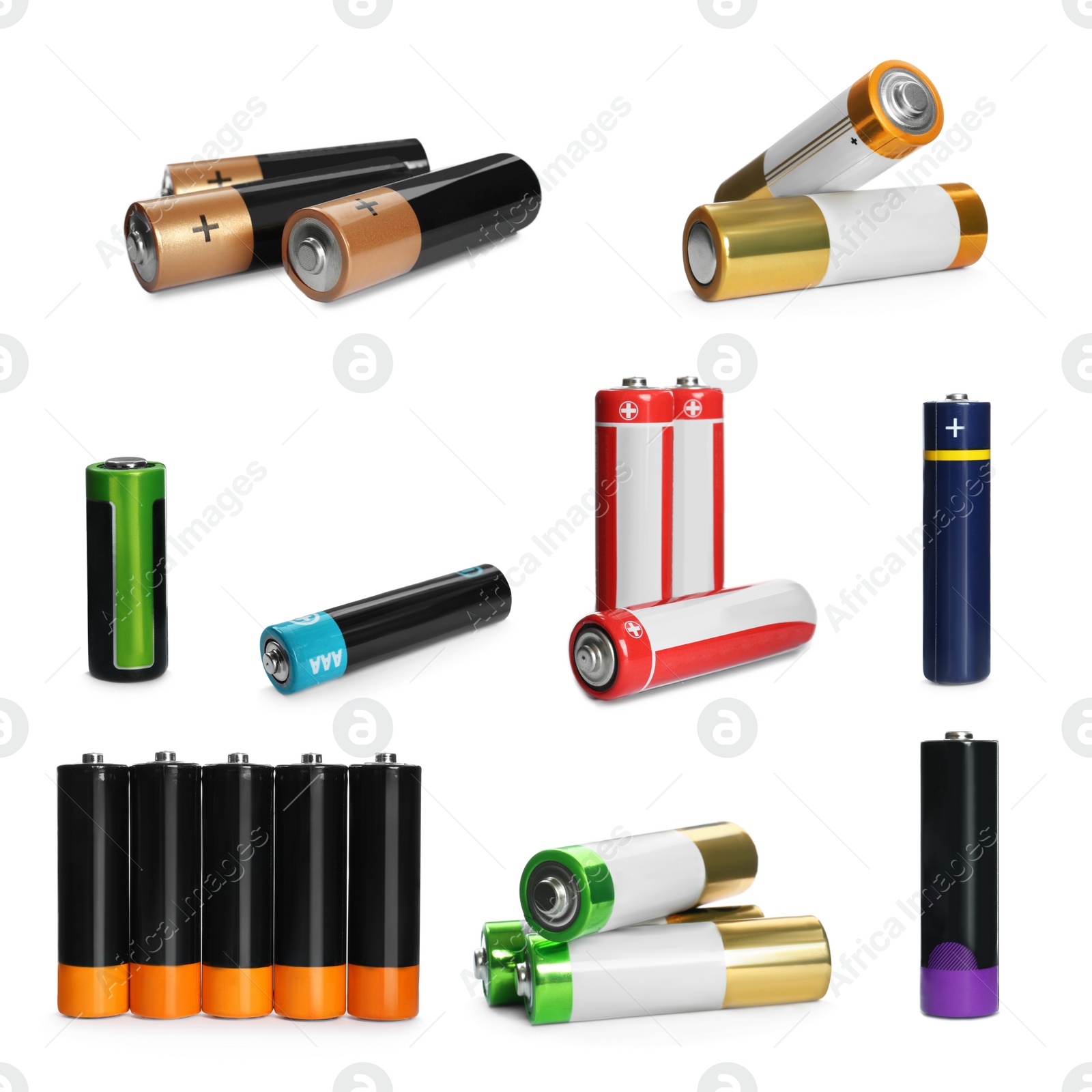 Image of Many batteries of different types on white background, collage