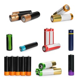 Image of Many batteries of different types on white background, collage