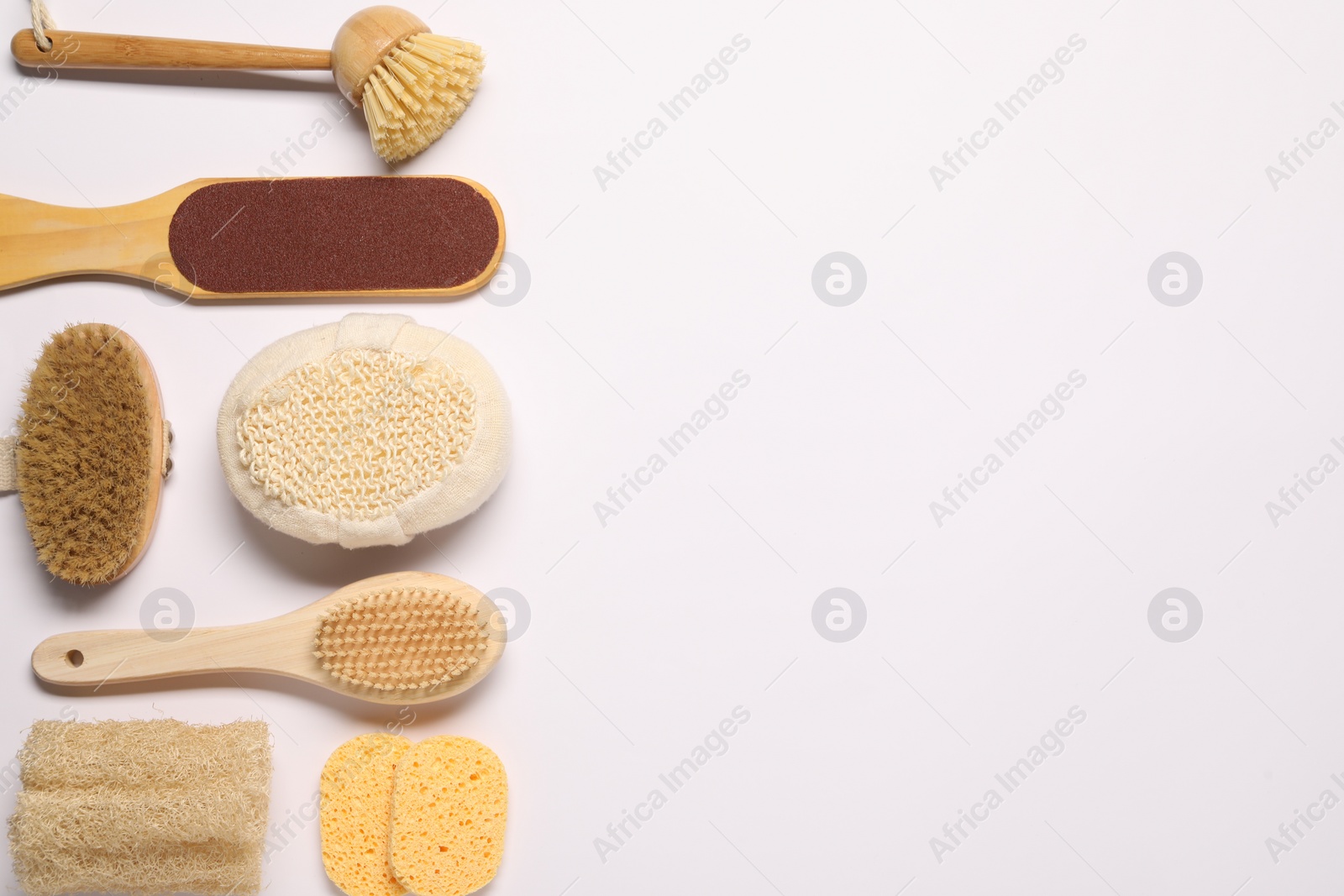 Photo of Bath accessories. Flat lay composition with personal care tools on white background, space for text