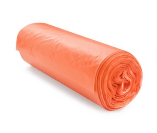 Photo of Roll of orange garbage bags isolated on white