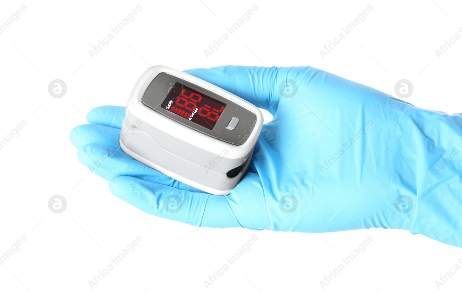 Photo of Doctor in latex gloves holding fingertip pulse oximeter on white background, closeup