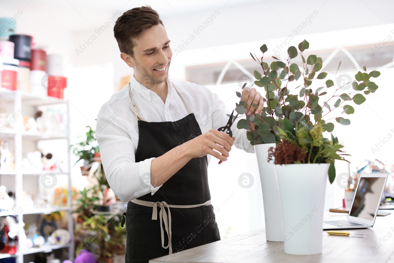 Photo of Male florist making beautiful bouquet in flower shop