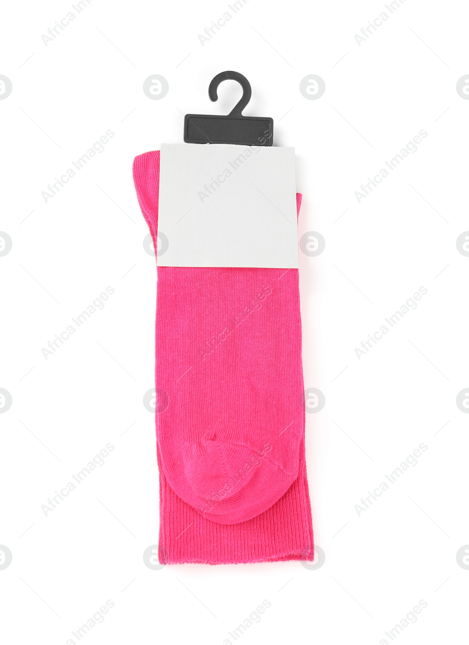 Photo of Pink socks on white background, top view